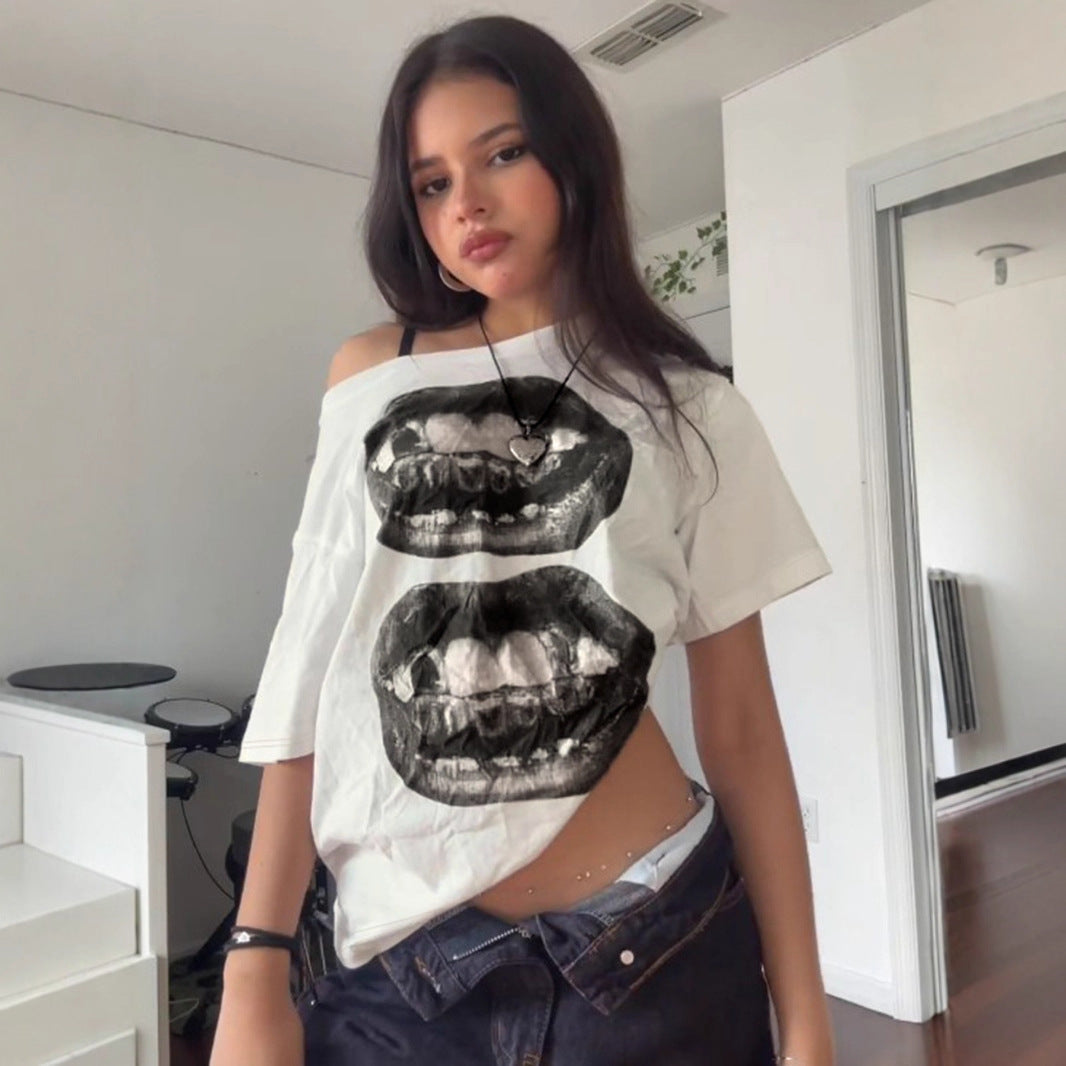 Street Vacation Style Hip Hop Mouth Print Loose One-Shoulder Slimming T-Shirt Personalized Versatile Casual Top