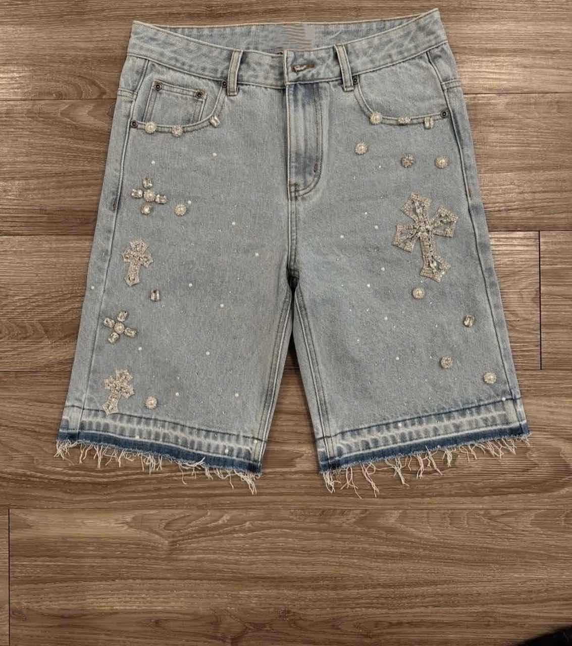 High Street Full Diamond Hip Hop Cross Straight Leg Rhinestone Denim Shorts Five-Point Denim Pants