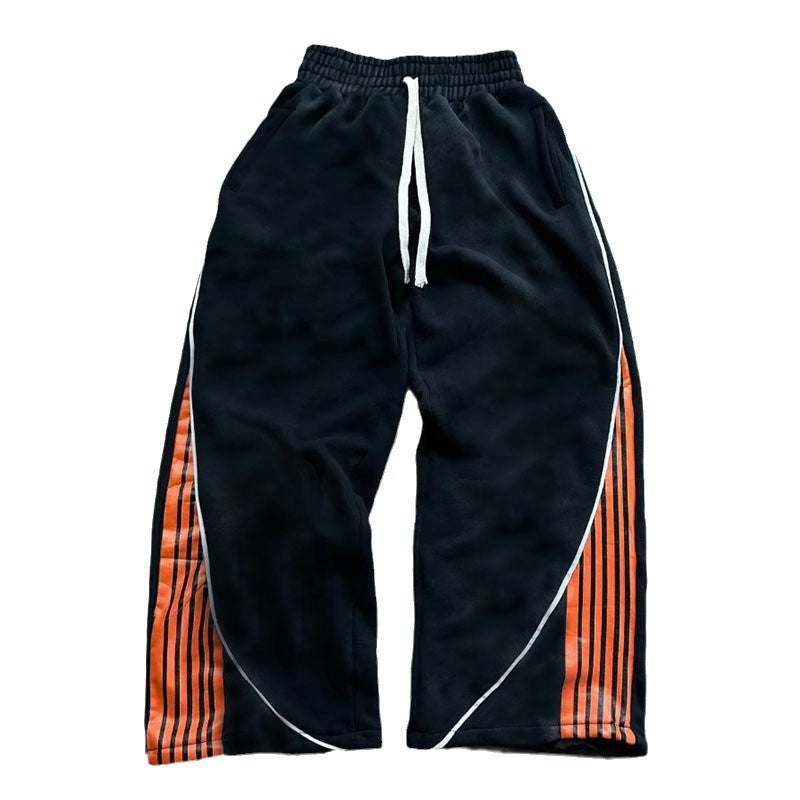 Autumn and Winter High Street Hip Hop Trend Casual Color Block Unisex Drawstring Wide Leg Straight Leg Sweatpants Khaki