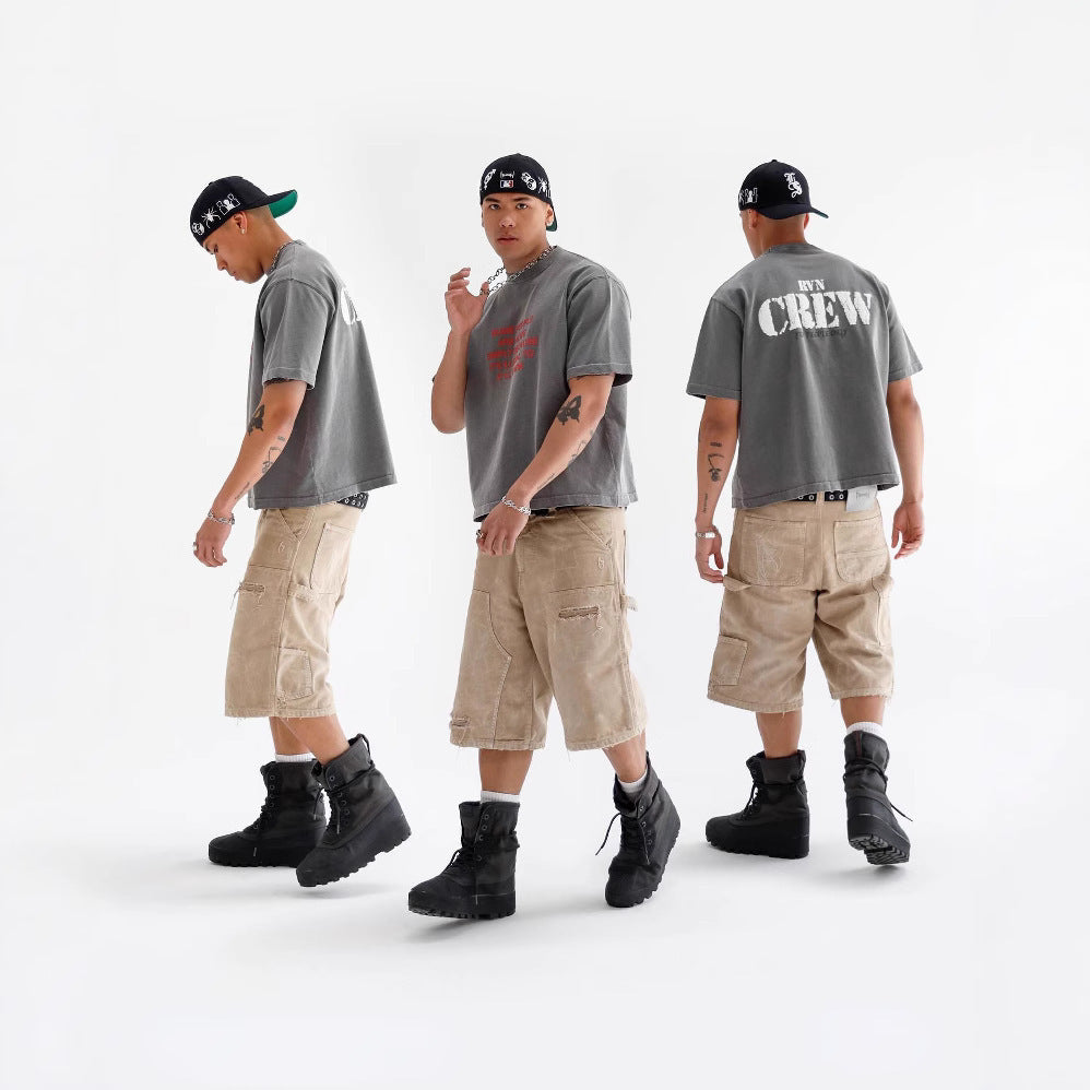 Brand Distressed Washed Denim Shorts Street Hip-hop Design Loose Mid-length Pants