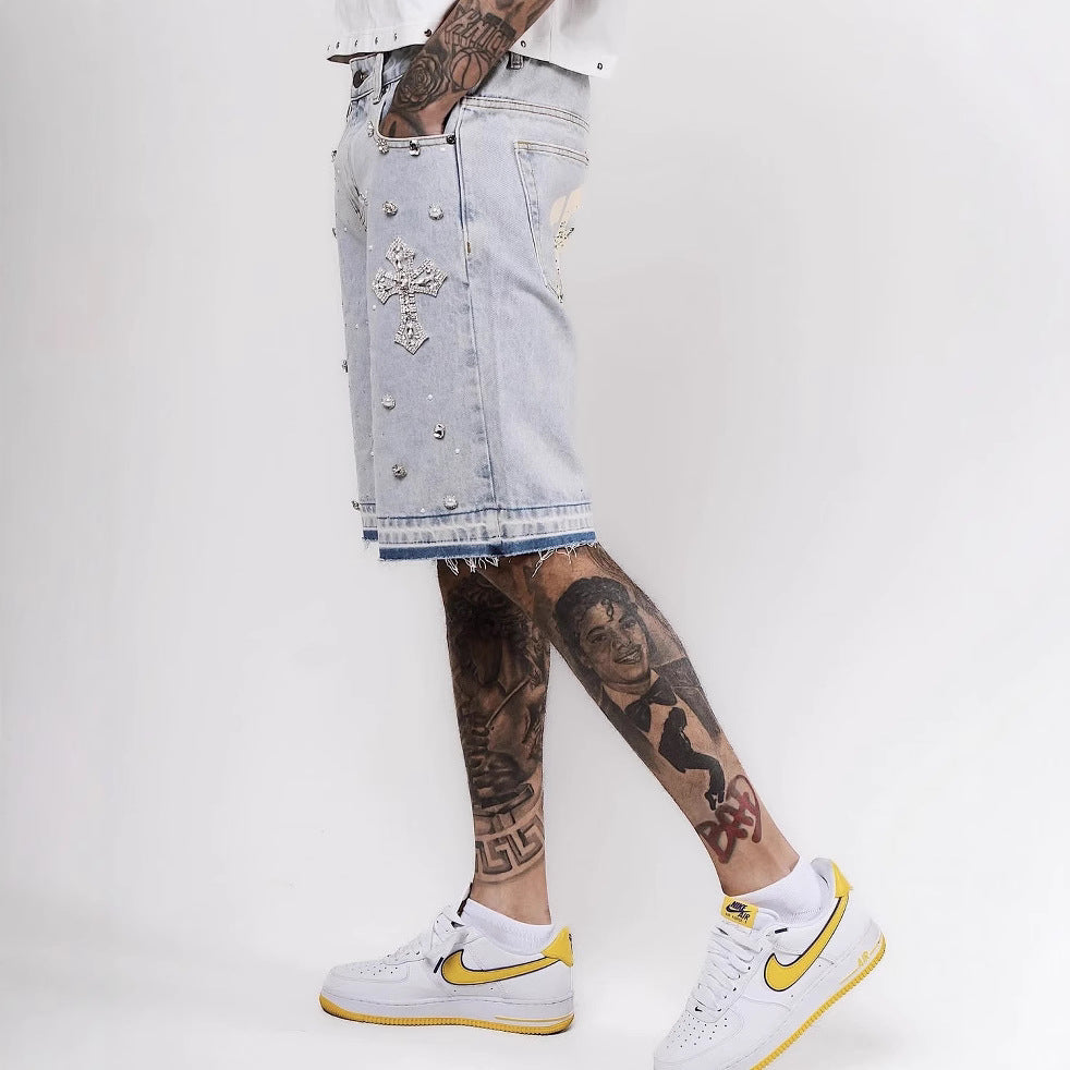 High Street Full Diamond Hip Hop Cross Straight Leg Rhinestone Denim Shorts Five-Point Denim Pants