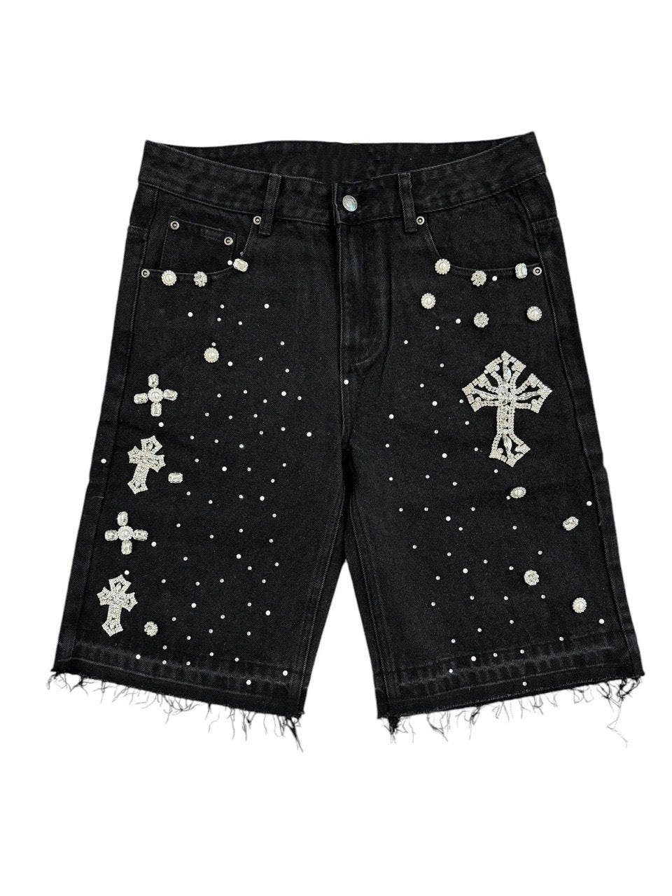 High Street Full Diamond Hip Hop Cross Straight Leg Rhinestone Denim Shorts Five-Point Denim Pants
