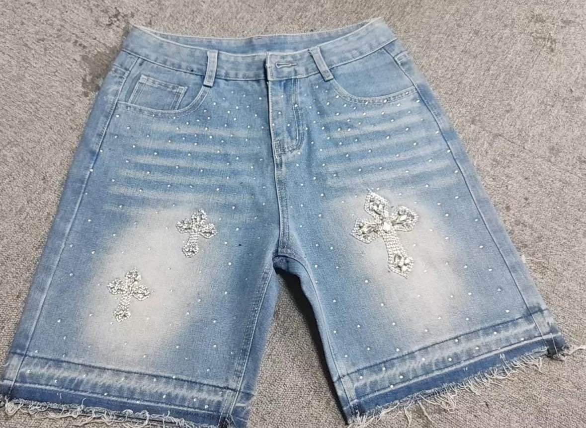 High Street Full Diamond Hip Hop Cross Straight Leg Rhinestone Denim Shorts Five-Point Denim Pants