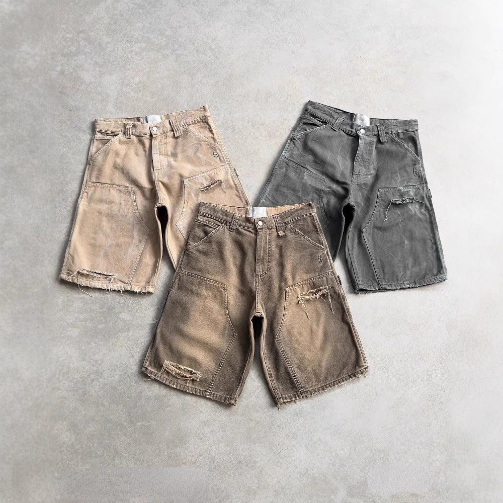 Brand Distressed Washed Denim Shorts Street Hip-hop Design Loose Mid-length Pants