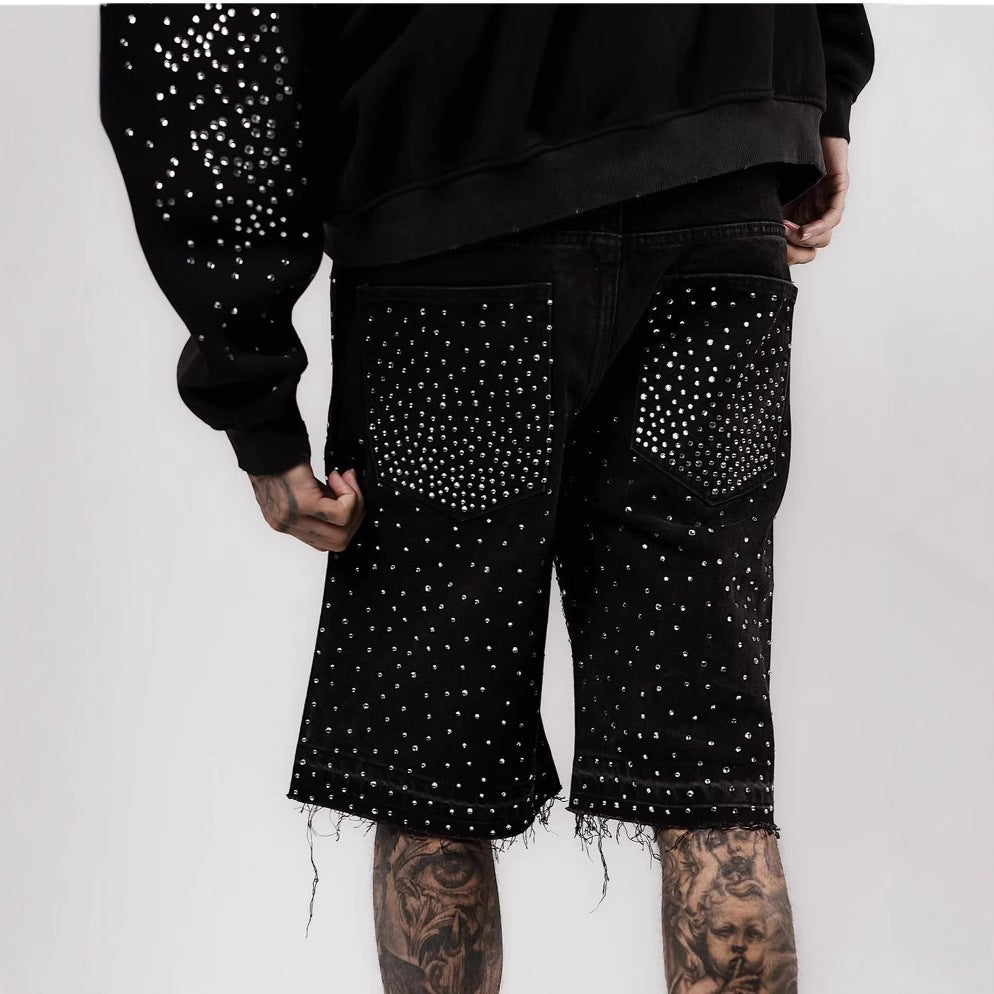 High Street Full Diamond Hip Hop Cross Straight Leg Rhinestone Denim Shorts Five-Point Denim Pants