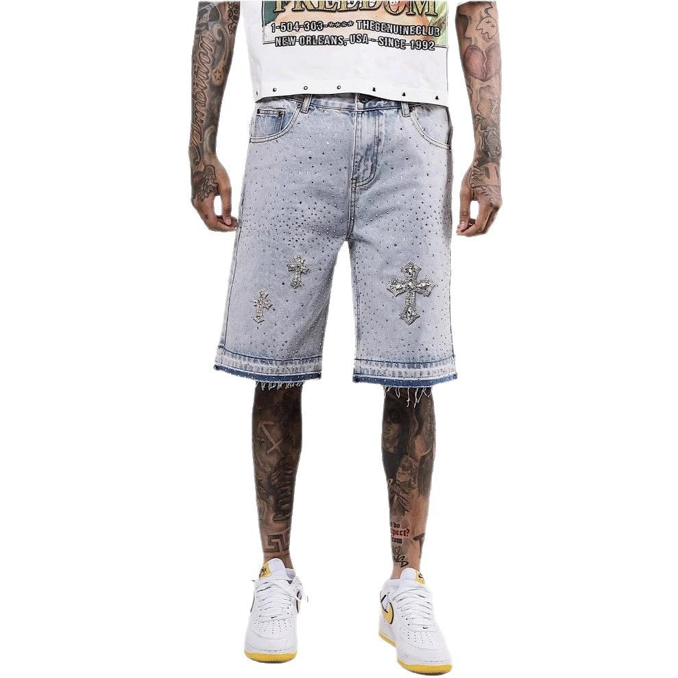 High Street Full Diamond Hip Hop Cross Straight Leg Rhinestone Denim Shorts Five-Point Denim Pants