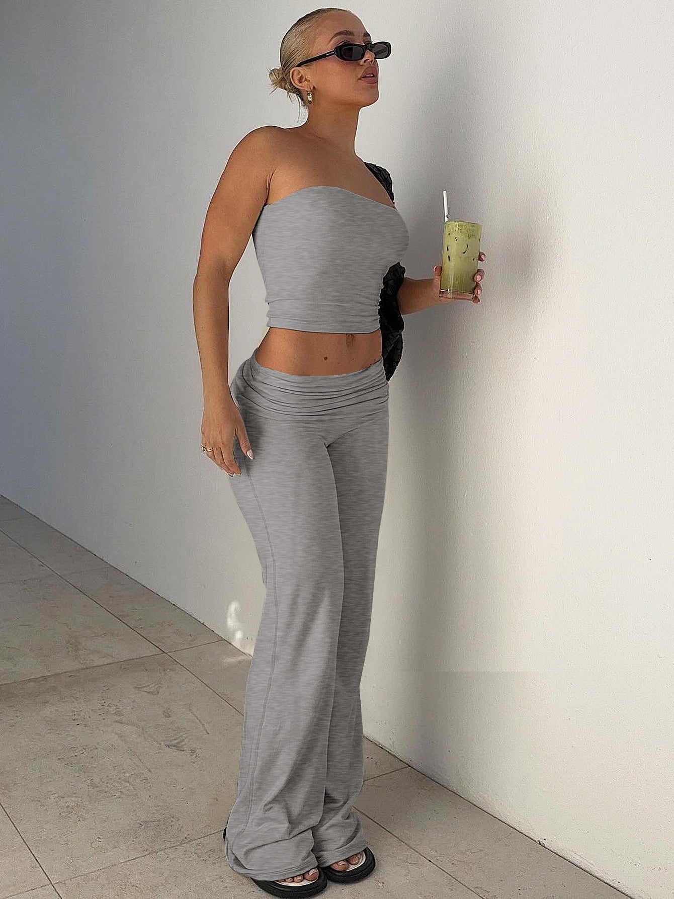 Solid Color Trumpet Neck Tube Top and Long Pants Slimming Set for Women Fashion New Arrival