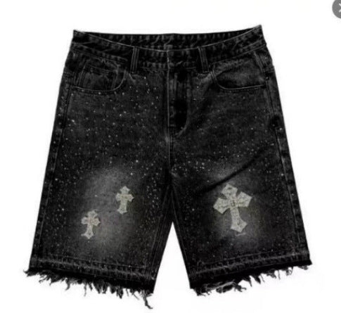 High Street Full Diamond Hip Hop Cross Straight Leg Rhinestone Denim Shorts Five-Point Denim Pants