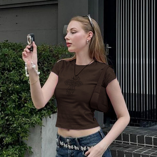 Cross print short sleeved shirt with exposed navel T-shirt for women