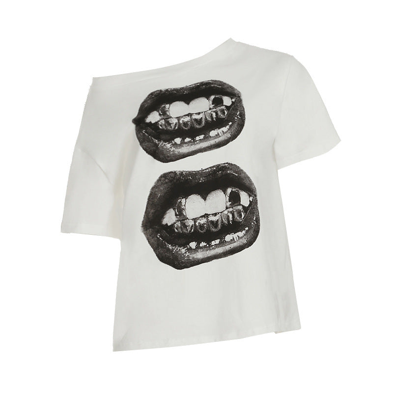 Street Vacation Style Hip Hop Mouth Print Loose One-Shoulder Slimming T-Shirt Personalized Versatile Casual Top