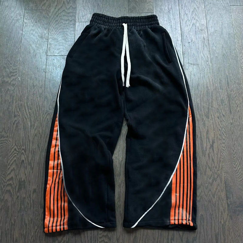 Autumn and Winter High Street Hip Hop Trend Casual Color Block Unisex Drawstring Wide Leg Straight Leg Sweatpants Khaki