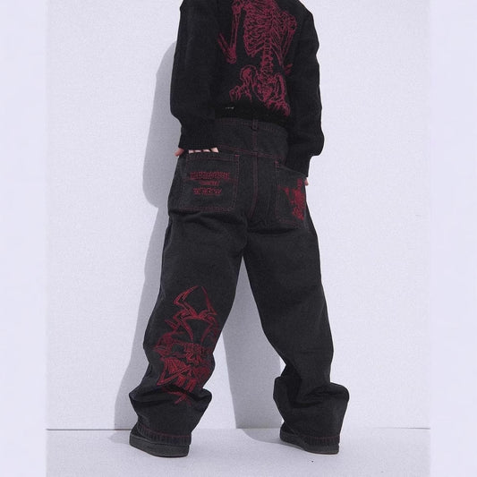 Retro goth skeleton embroidered wide-leg denim jeans for men
