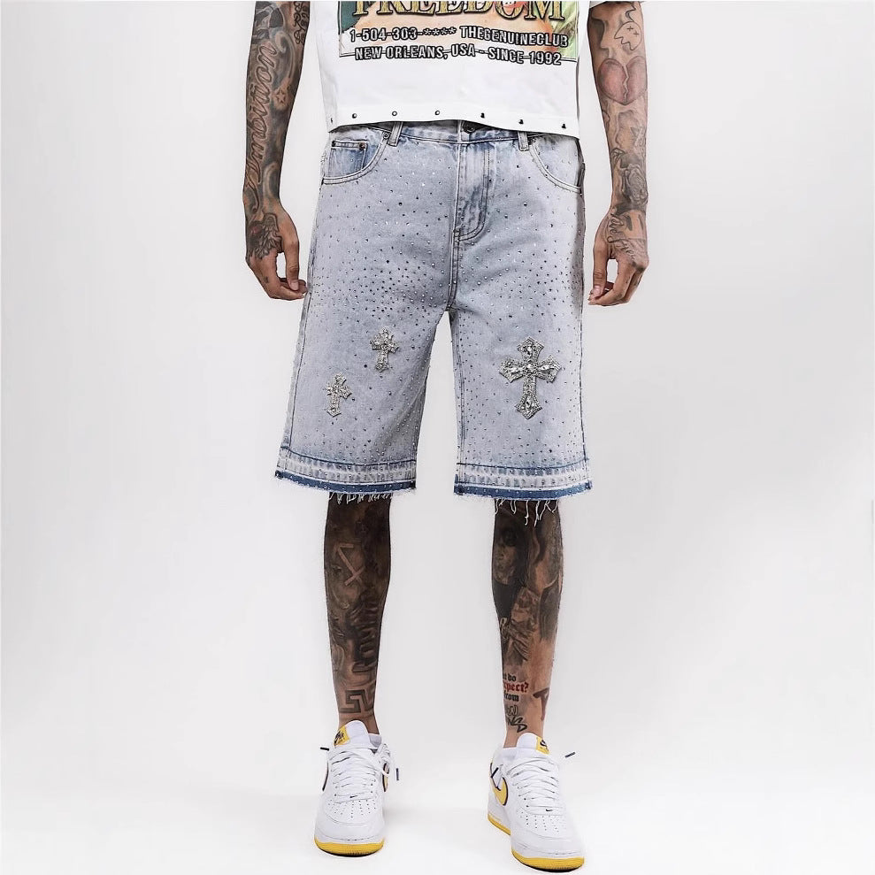 High Street Full Diamond Hip Hop Cross Straight Leg Rhinestone Denim Shorts Five-Point Denim Pants