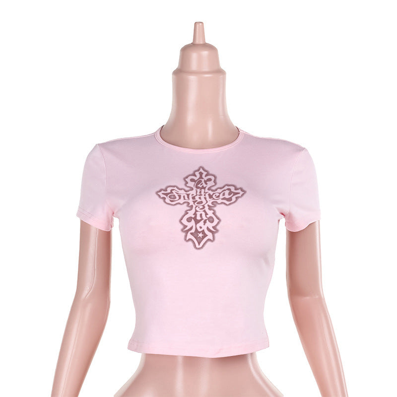Cross print short sleeved shirt with exposed navel T-shirt for women