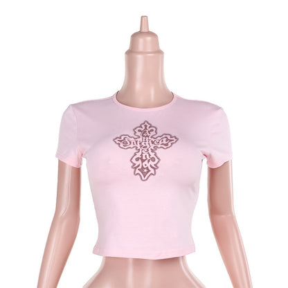 Cross print short sleeved shirt with exposed navel T-shirt for women