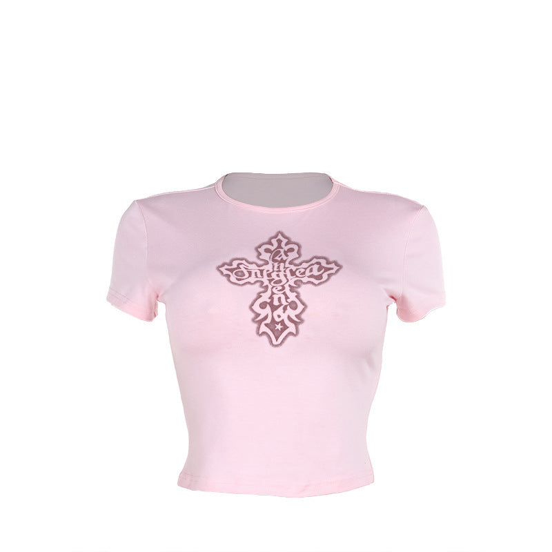 Cross print short sleeved shirt with exposed navel T-shirt for women