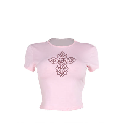 Cross print short sleeved shirt with exposed navel T-shirt for women