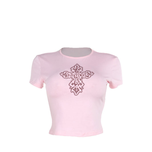 Cross print short sleeved shirt with exposed navel T-shirt for women