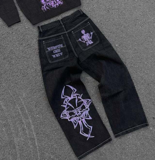 Retro goth skeleton embroidered wide-leg denim jeans for men
