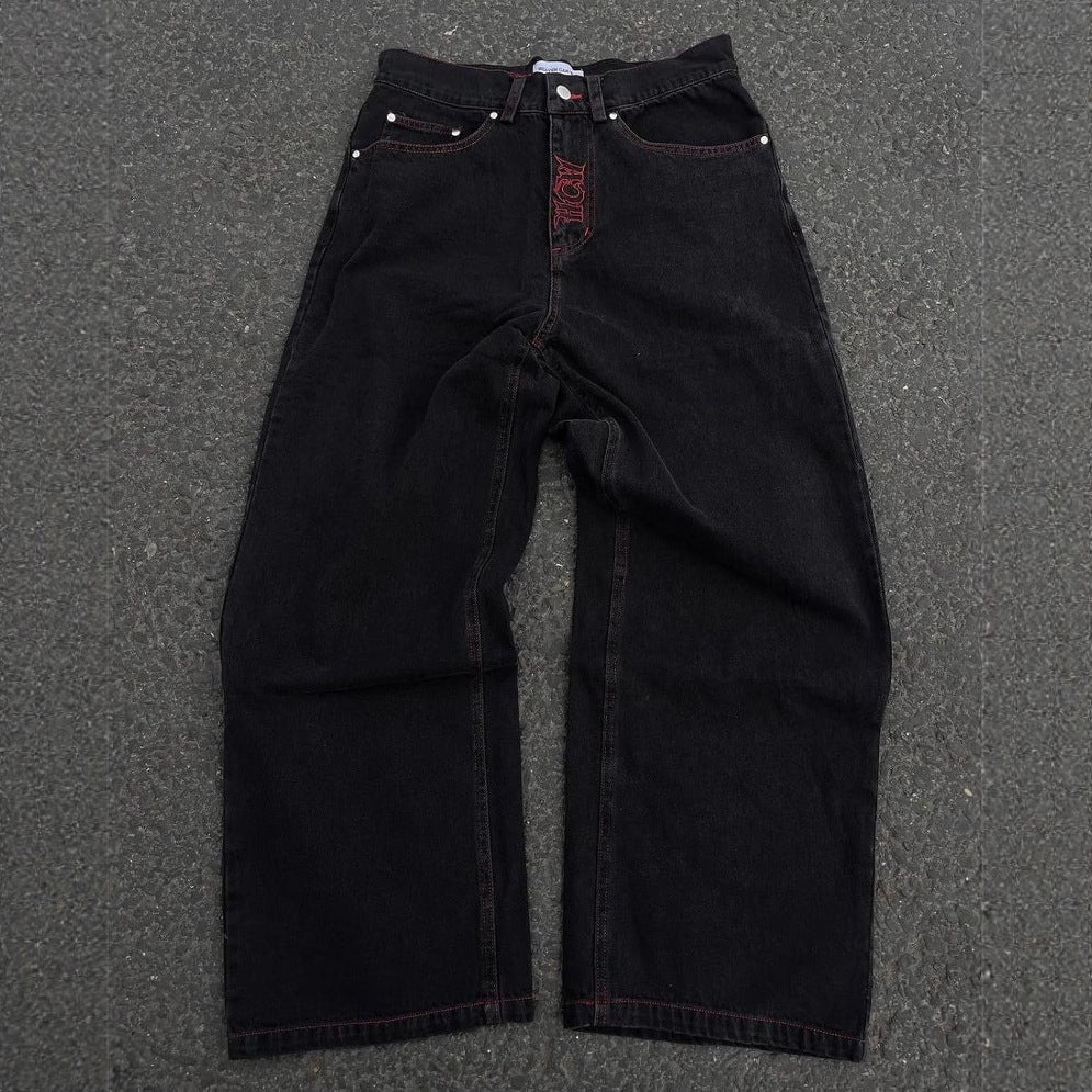 Retro goth skeleton embroidered wide-leg denim jeans for men