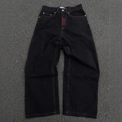 Retro goth skeleton embroidered wide-leg denim jeans for men