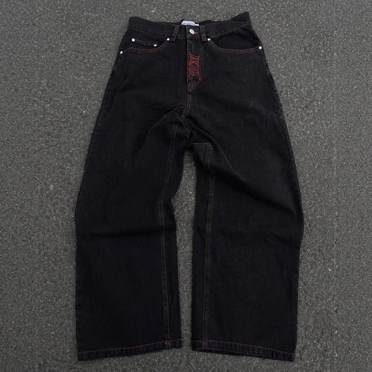 Retro goth skeleton embroidered wide-leg denim jeans for men