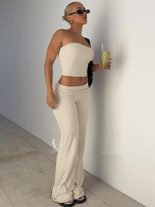 Solid Color Trumpet Neck Tube Top and Long Pants Slimming Set for Women Fashion New Arrival