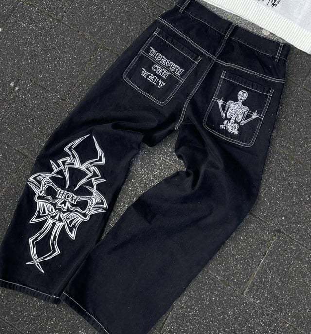 Retro goth skeleton embroidered wide-leg denim jeans for men