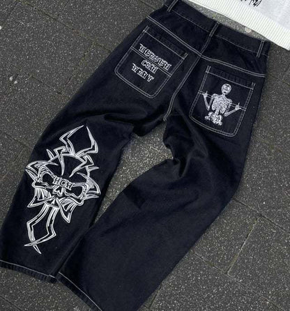 Retro goth skeleton embroidered wide-leg denim jeans for men