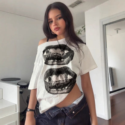 Street Vacation Style Hip Hop Mouth Print Loose One-Shoulder Slimming T-Shirt Personalized Versatile Casual Top