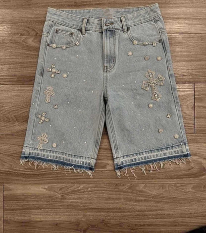 High Street Full Diamond Hip Hop Cross Straight Leg Rhinestone Denim Shorts Five-Point Denim Pants