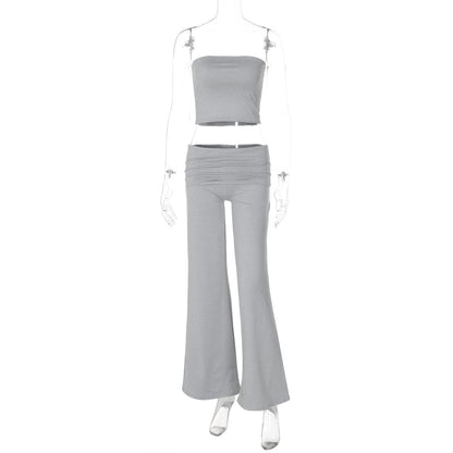 Solid Color Trumpet Neck Tube Top and Long Pants Slimming Set for Women Fashion New Arrival