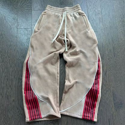Autumn and Winter High Street Hip Hop Trend Casual Color Block Unisex Drawstring Wide Leg Straight Leg Sweatpants Khaki