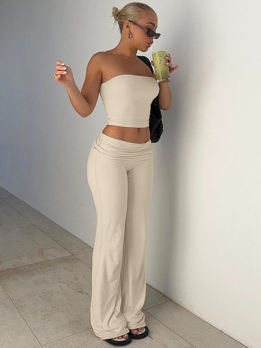 Solid Color Trumpet Neck Tube Top and Long Pants Slimming Set for Women Fashion New Arrival