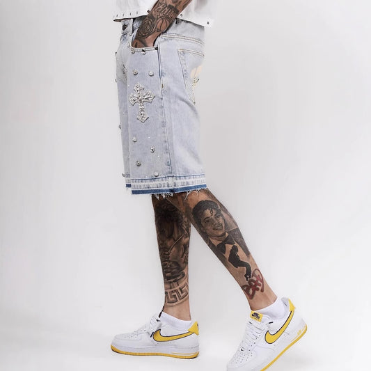 High Street Full Diamond Hip Hop Cross Straight Leg Rhinestone Denim Shorts Five-Point Denim Pants