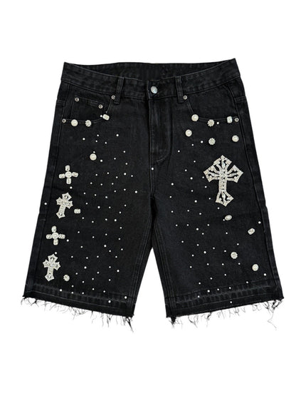 High Street Full Diamond Hip Hop Cross Straight Leg Rhinestone Denim Shorts Five-Point Denim Pants