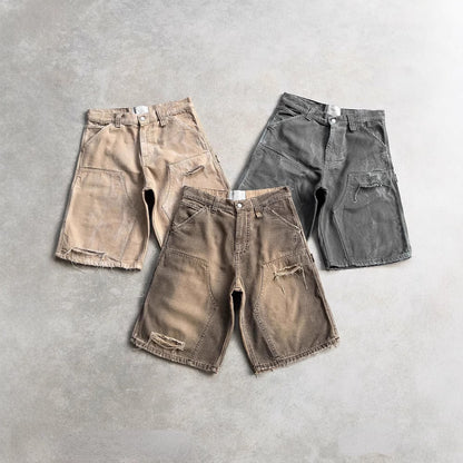 Brand Distressed Washed Denim Shorts Street Hip-hop Design Loose Mid-length Pants
