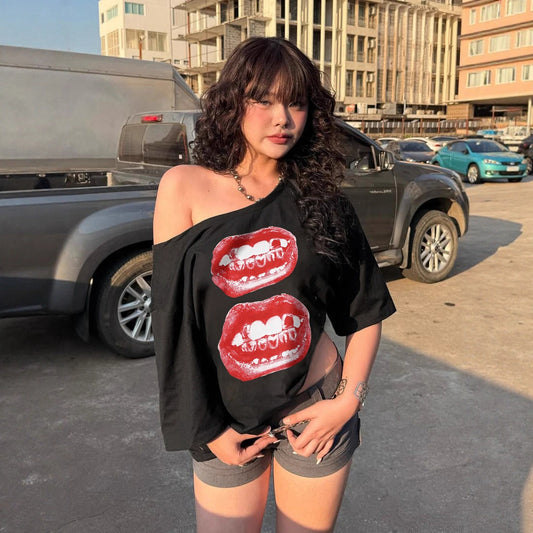 Street Vacation Style Hip Hop Mouth Print Loose One-Shoulder Slimming T-Shirt Personalized Versatile Casual Top
