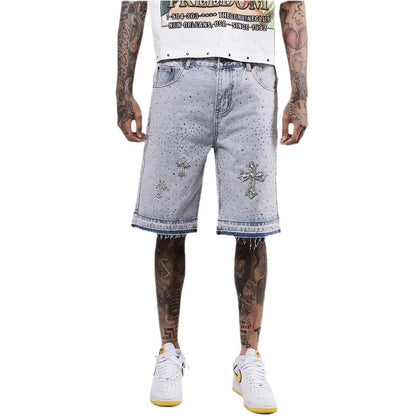 High Street Full Diamond Hip Hop Cross Straight Leg Rhinestone Denim Shorts Five-Point Denim Pants