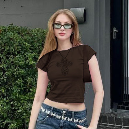 Cross print short sleeved shirt with exposed navel T-shirt for women