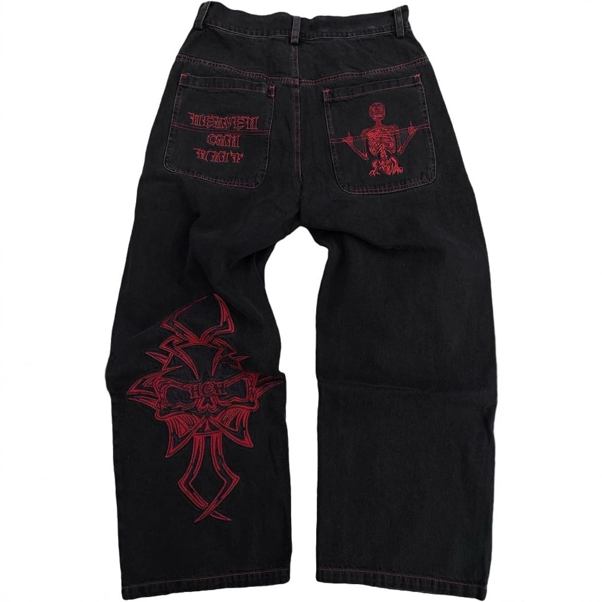 Retro goth skeleton embroidered wide-leg denim jeans for men