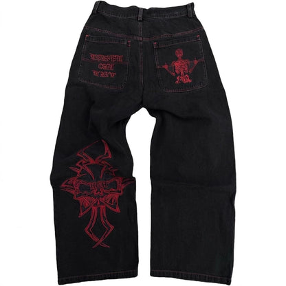 Retro goth skeleton embroidered wide-leg denim jeans for men