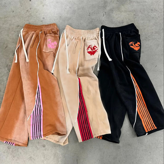 Autumn and Winter High Street Hip Hop Trend Casual Color Block Unisex Drawstring Wide Leg Straight Leg Sweatpants Khaki
