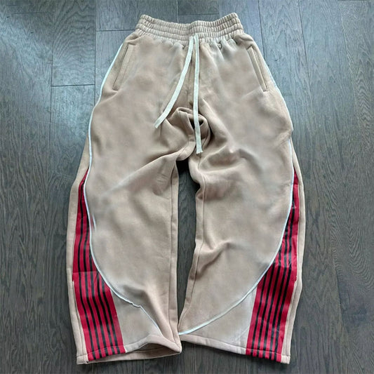 Autumn and Winter High Street Hip Hop Trend Casual Color Block Unisex Drawstring Wide Leg Straight Leg Sweatpants Khaki