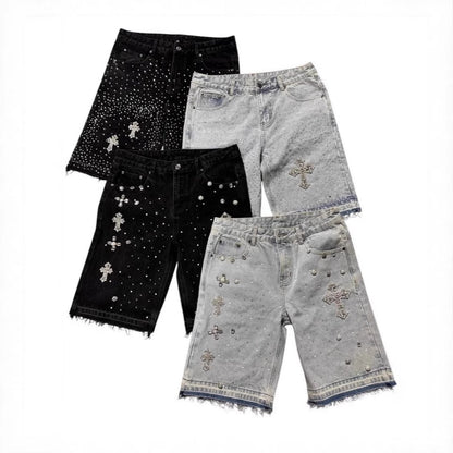 High Street Full Diamond Hip Hop Cross Straight Leg Rhinestone Denim Shorts Five-Point Denim Pants