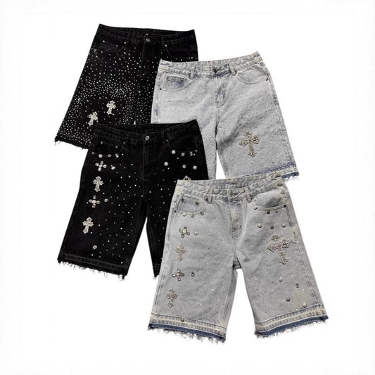 High Street Full Diamond Hip Hop Cross Straight Leg Rhinestone Denim Shorts Five-Point Denim Pants