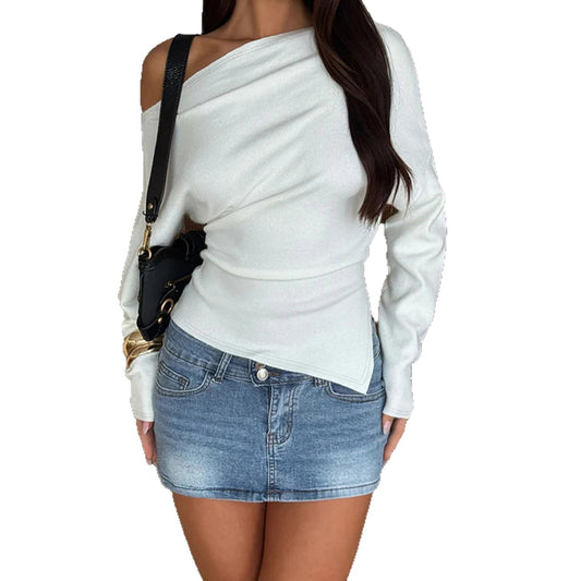 Slant neck off shoulder design pleated slim fit long sleeved T-shirt
