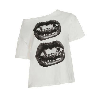 Street Vacation Style Hip Hop Mouth Print Loose One-Shoulder Slimming T-Shirt Personalized Versatile Casual Top