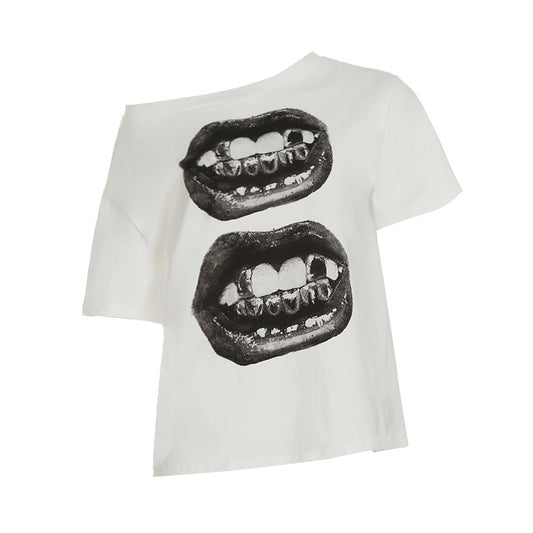 Street Vacation Style Hip Hop Mouth Print Loose One-Shoulder Slimming T-Shirt Personalized Versatile Casual Top